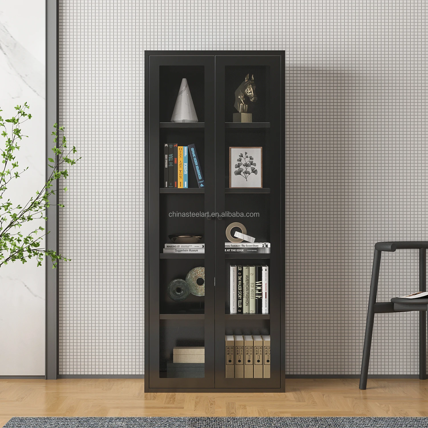 2 Swing Door Steel Storage CabinetH1700*W700*D350 with Glass Door Corner Steel Modern Floor Standing bookcase Office Furniture