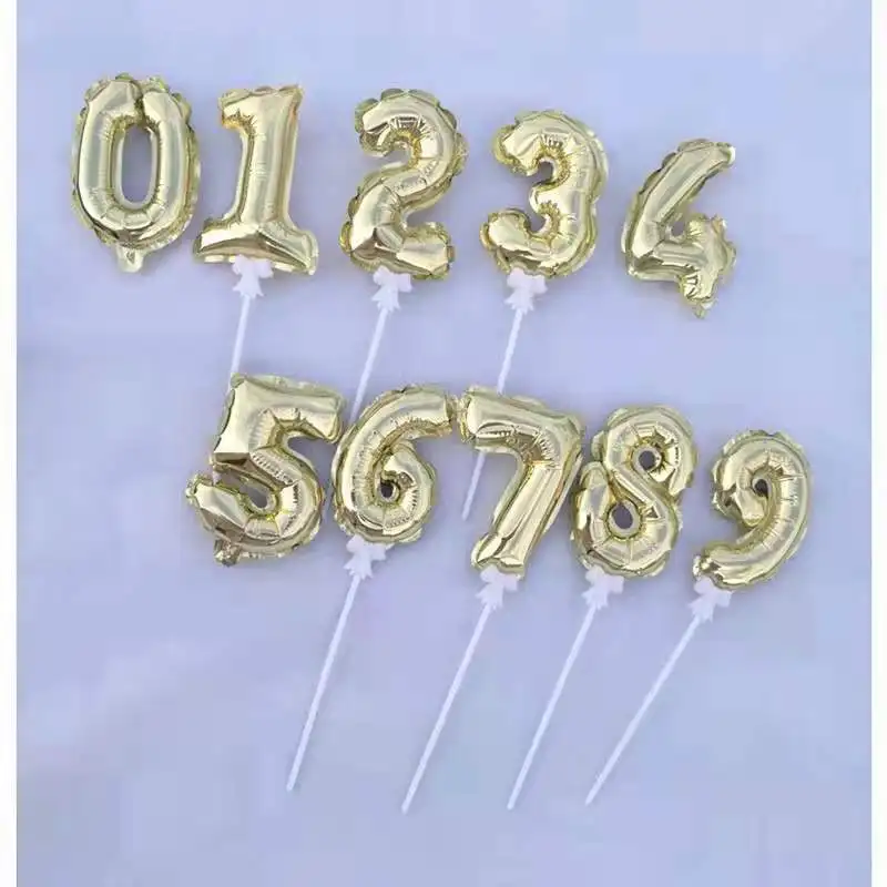 Hot Selling 5inch Self-inflatable Gold Silver Number 0-9  Foil Balloon Cake Stick Decoration Birthday Cake Topper Balloon Stick