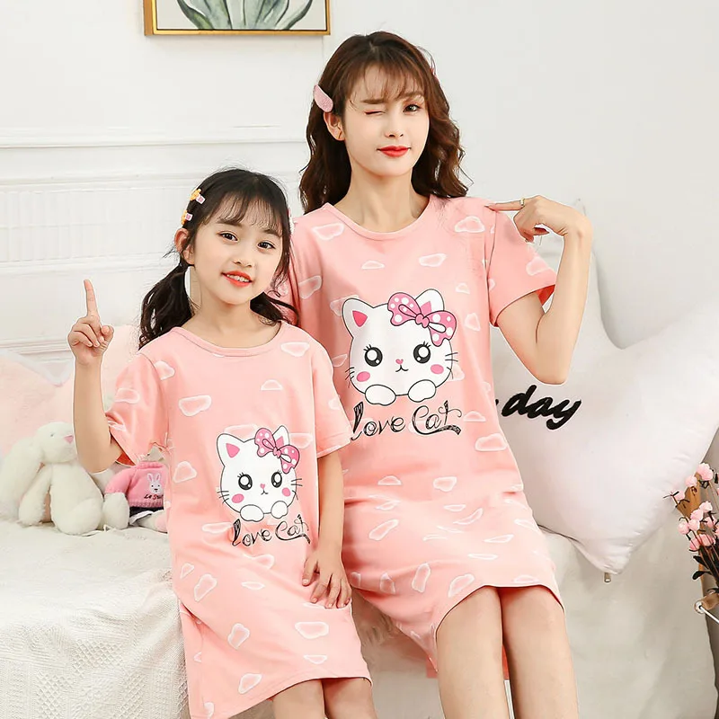 Cute Cartoon Cotton Sleepwear Family Matching Clothes Girl Nightgown Mom and