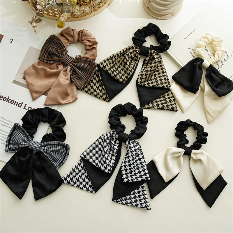 Korean Swallow Gird Print Hair Band With Long Scarf Women Girls Retro Butterfly Knot Temperament Elastic Hair Scrunchies