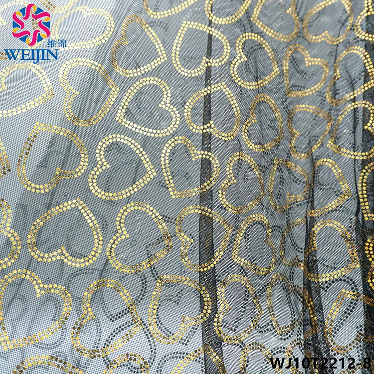 100% Polyester fiber printed peach heart chiffon lace fabric gold-plated printed shiny peach heart mesh fabric clothing skirt
