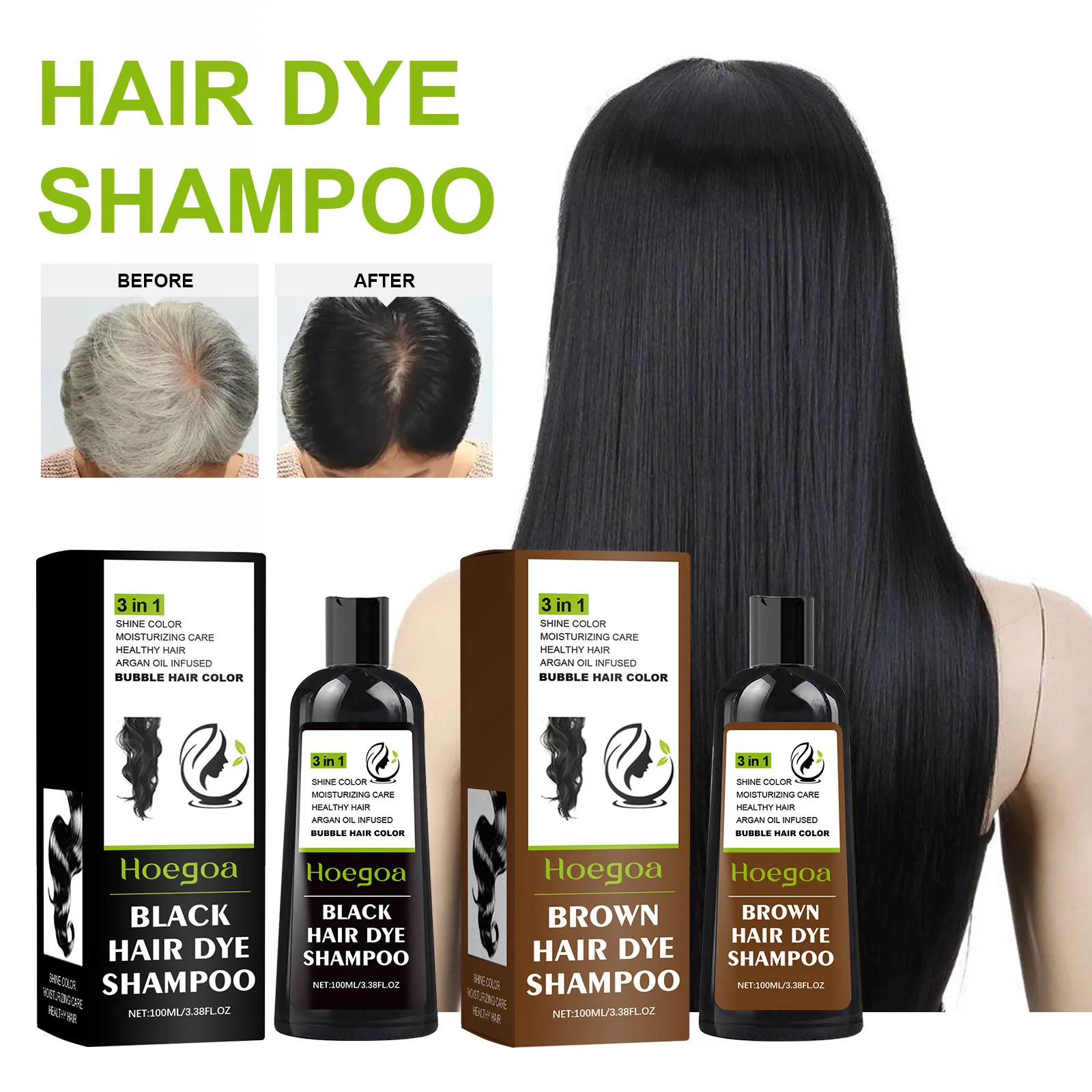 HOEGOA Plant Bubble Hair Color Shampoo Moisturizing Shine Black Brown Covering Gray 3 in 1 Herbal Hair Dye Shampoo