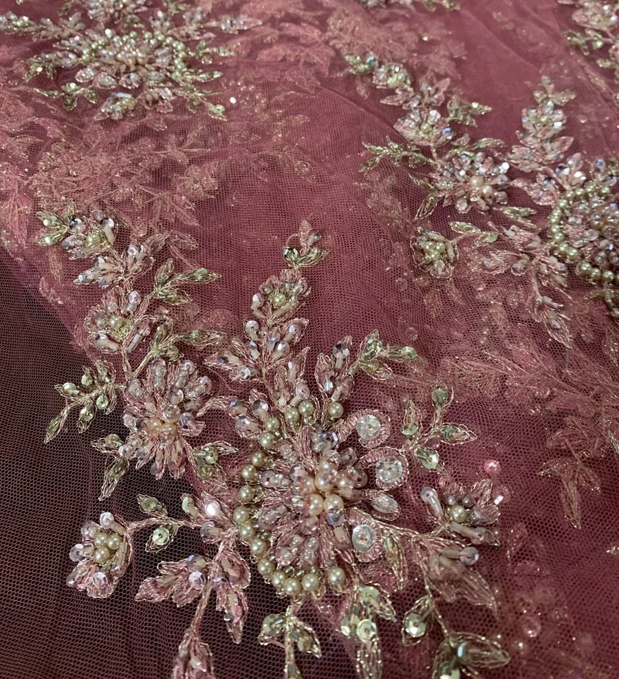 hot selling handmade heavy beaded sequin embroidery lace fabric for dress or bridal, wholesale stock fabric