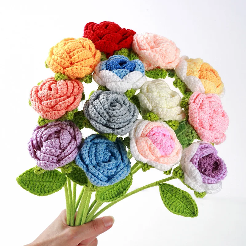 Finished hand-knitted rose simulated flower knitted hand-made flowers diy wool knitted homemade crochet bouquet
