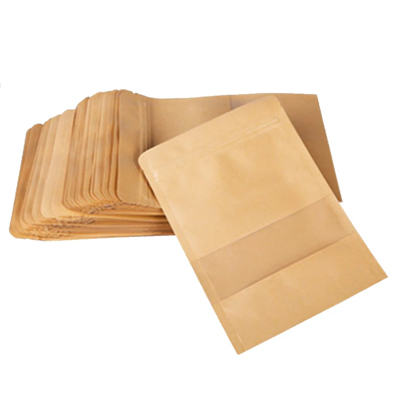 Small Back Seal Bag Kraft Paper Bags With Window Food Packaging Bag Brown Jagged Style Granules Packaging Customized Candy Snack