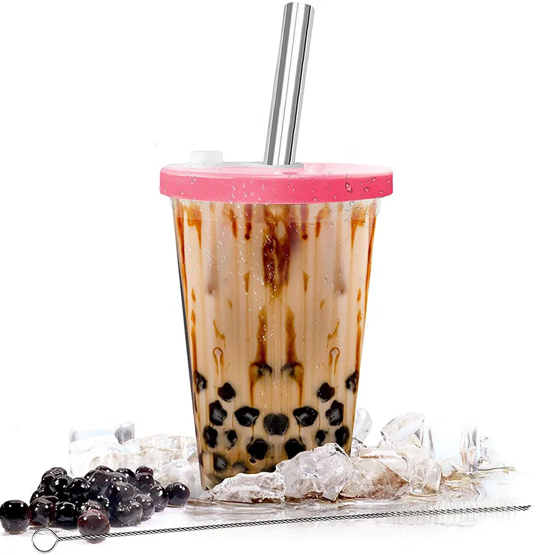 Custom 16oz 12mm Straw Milk Tea Boba Tumbler Box Kit Reusable Plastic Reusable Tea Boba Cups With Lid