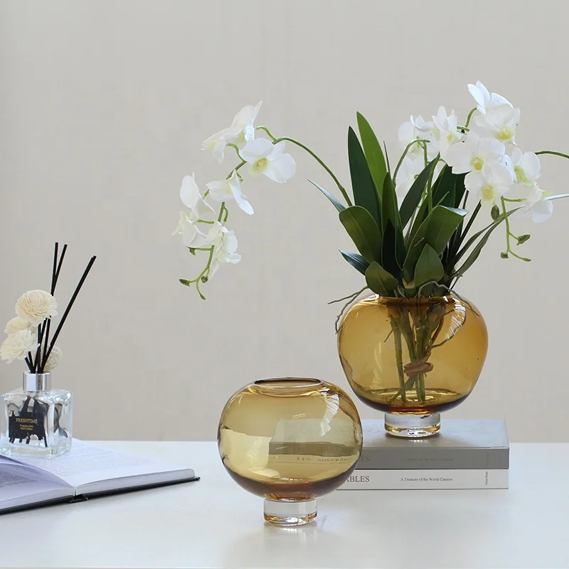 Bixuan Hand blown Glass Vase Modern Luxury Home Decor Table Centerpieces Small Ball Shape Amber Solid Color Flower Glass Vases
