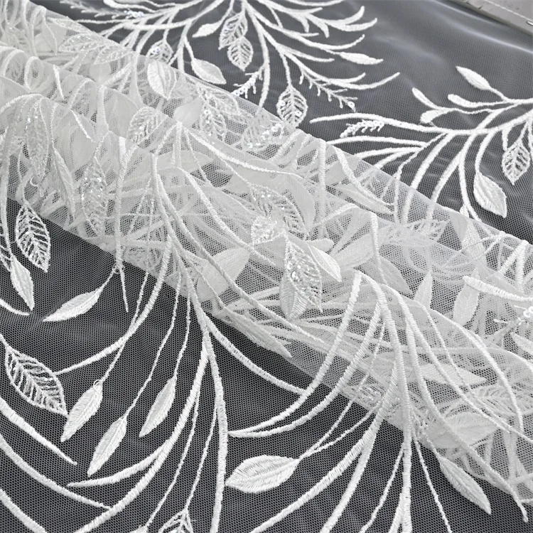 Leaf Branch Colour Custom Bridal Sexy Ivory White Exquisite Wedding Dress Design Sequin Tulle  Embroidery Lace Fabric
