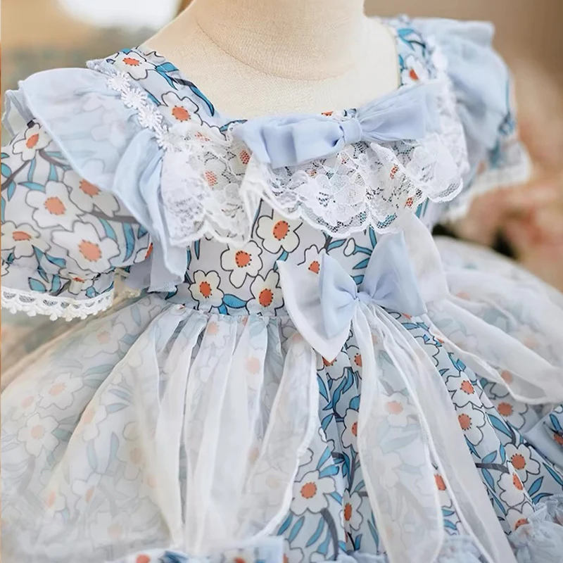 Yalindars Blue puff sleeve mesh waistband Layered Lolita Girls Dress Bow and flower print Jacquard fabric lace party dress