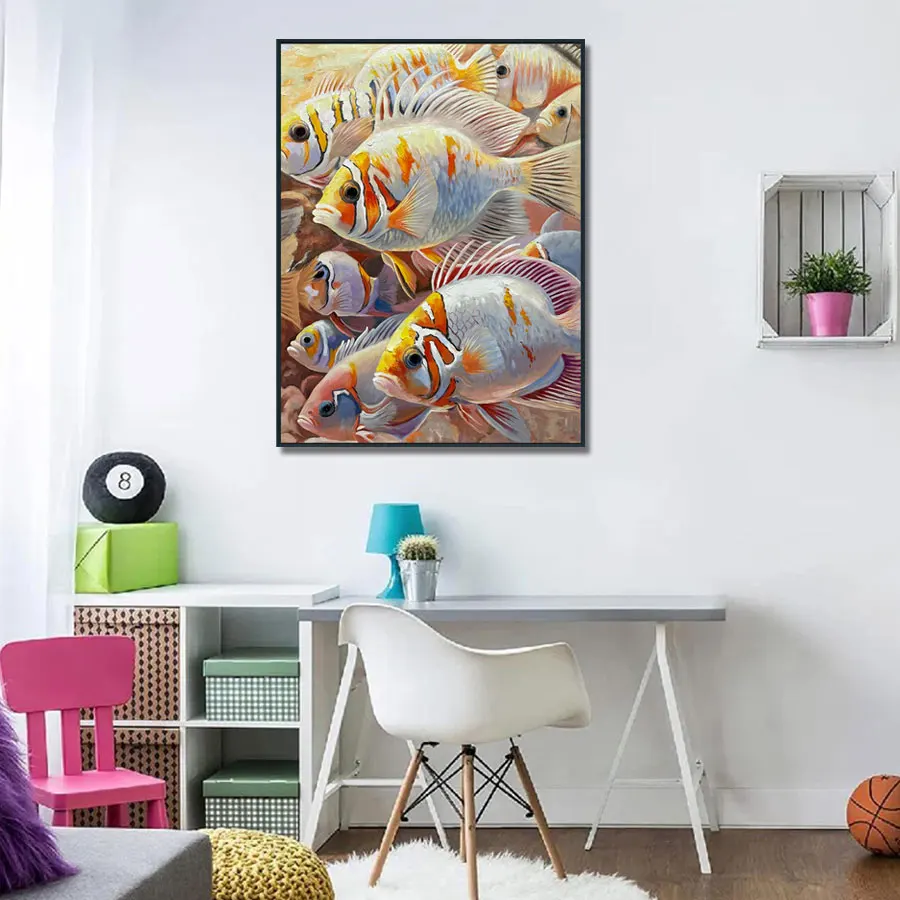 Original Art Factory Handpainted 100% Abstract Fish Oil Painting Custom Modern Style HotelorHome Wall Decor
