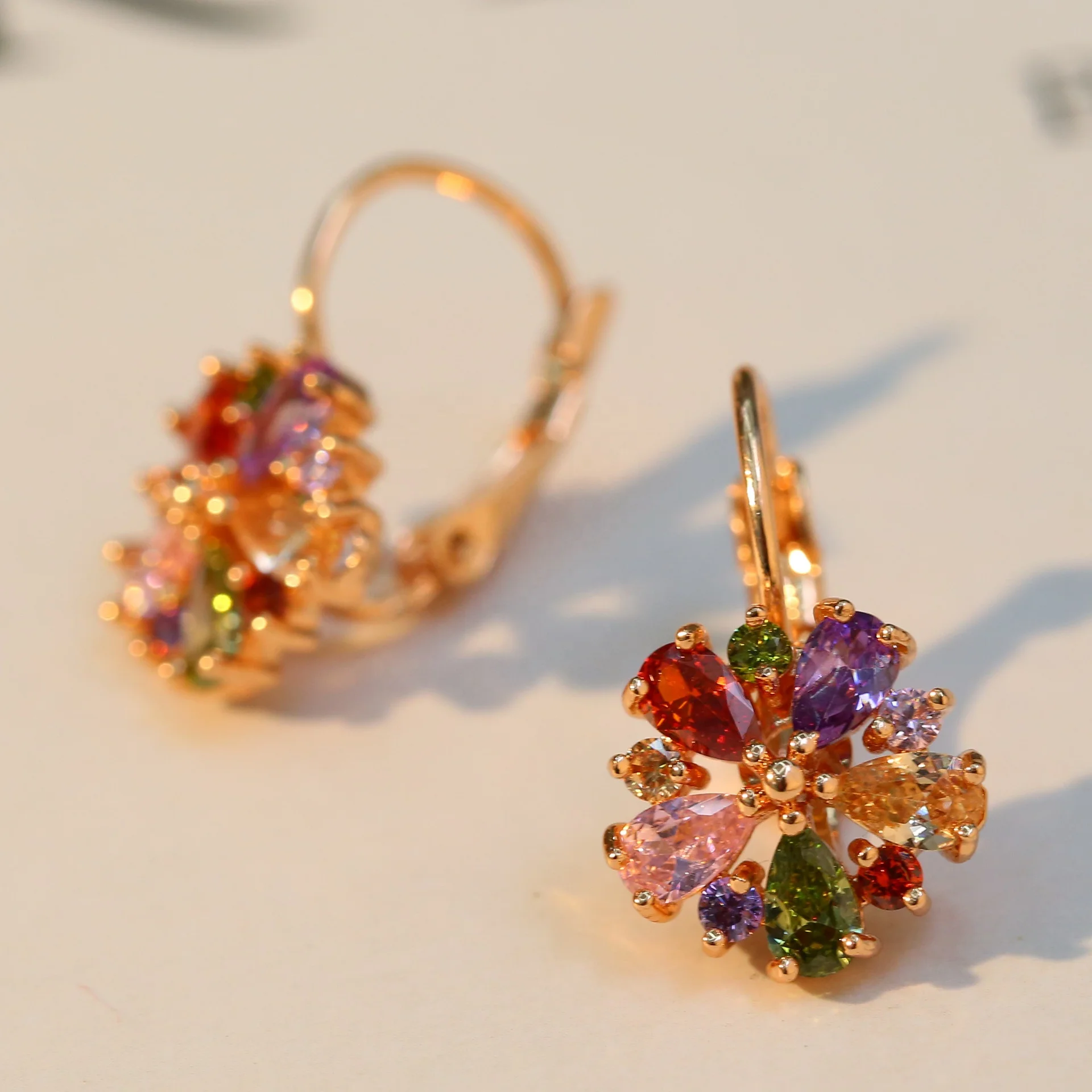 Luxury Bling Colorful Crystal Flower Charm Earrings Trendy Jewelry Rose Gold Plated CZ Bridal For Party
