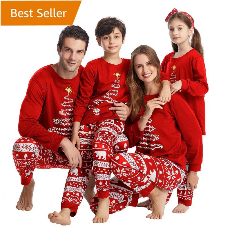2022 hot sale cotton Family blank Matching Christmas Cute tree Printed Pajamas plus size S-4XL Long Sleeve Tee Pants PJs Sets