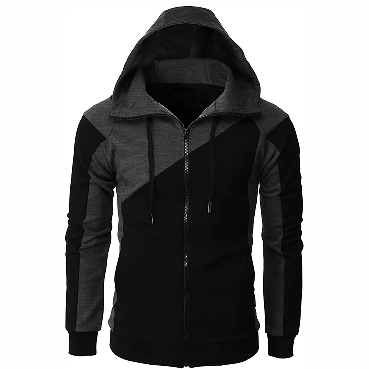 wholesale custom design men high quality patchwork black grey full zip up hoodie men hooded sweatshirt with zipper and pockets