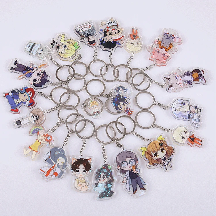 Custom cartoon anime glitter epoxy acrylic keychain charm clear holographic key ring
