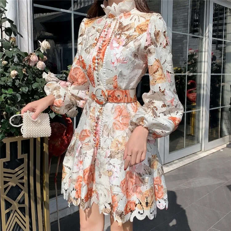 New Colorful Floral Hollow Stand Collar Long Sleeve High Waist Buttoned Short Dress