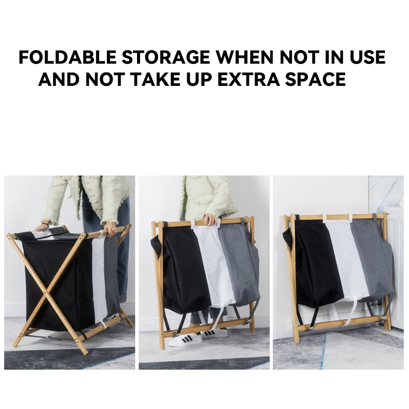 Hot selling Bamboo 3 Compartments Storage Laundry Hamper Basket Foldable Laundry Basket for Bedroom Bathroom