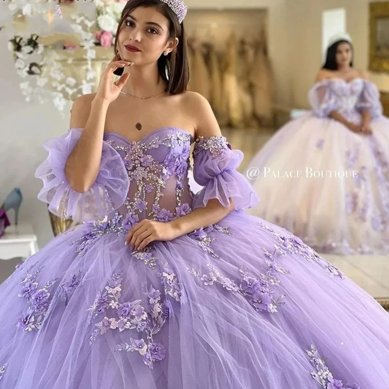Mumuleo Lilac Quinceanera Dress Ball Gown Off The Shoulder Applique Lace Beads Crystal Tulle Corset Sweet 15 Vestidos De XV Anos