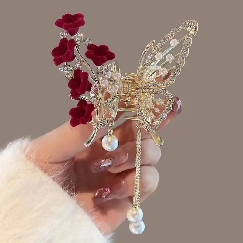 Elegant Wispy hollow diamond Pearl flower butterfly fringe claw clip non-slip hair clip styling accessories for thick long hair