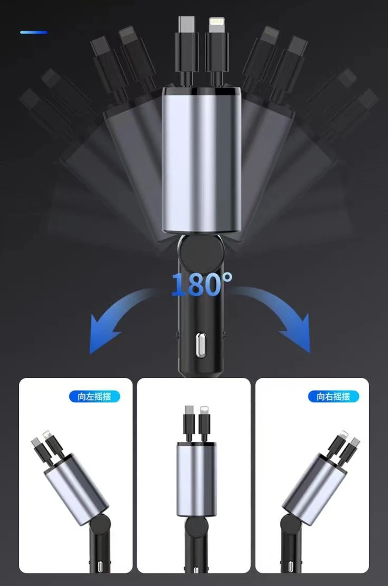 New 4in1 Multifunctional  100w 4 in 1 digital display fast charging charger retractable cable car charger with 2 charging cables