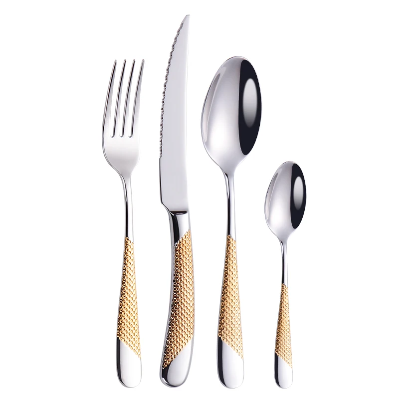 Luxury Shiny 304 Stainless Steel Royal Flatware Cutlery Set Silverware Gold Plated Tableware