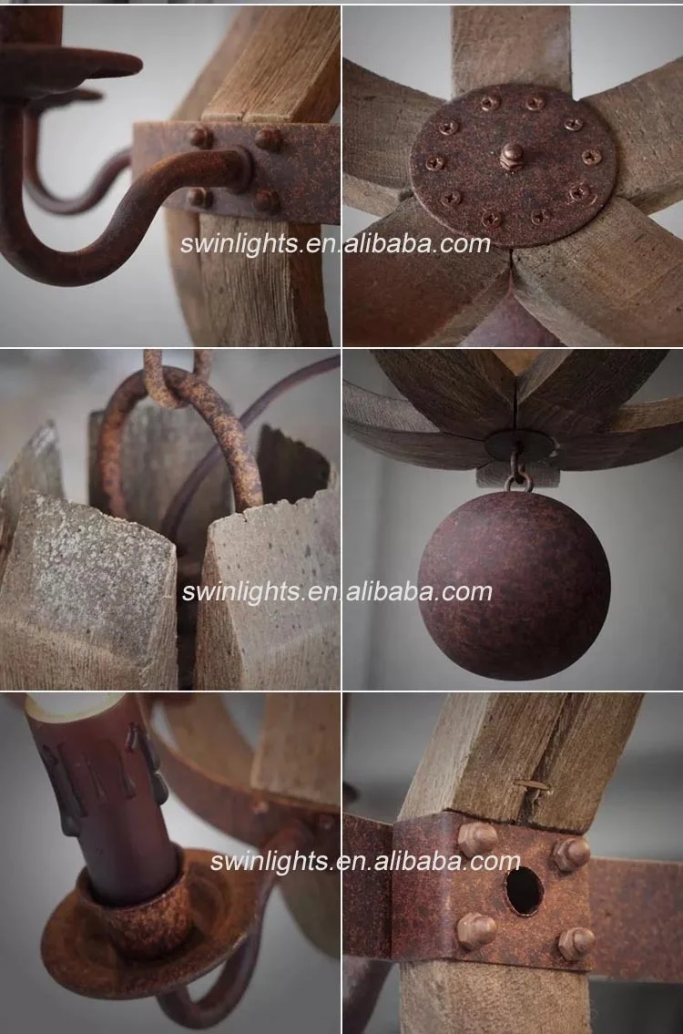 Vintage rustic small 5-light wine barrel wooden chandelier wood wrought iron pendant lamp