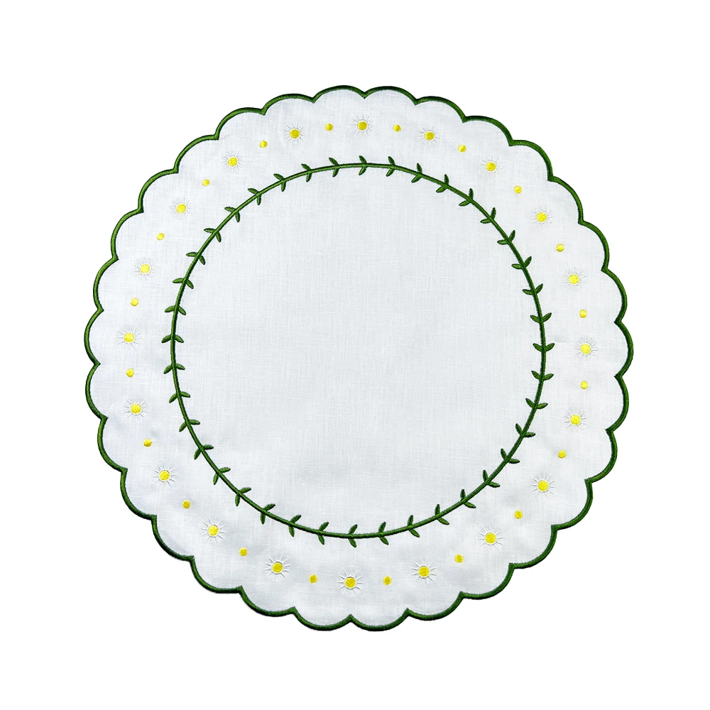 Wholesale Flower Linen Napkins Wedding with Embroidered edge table cloth Scalloped Linen Napkins eco friendly French Luxury Flax