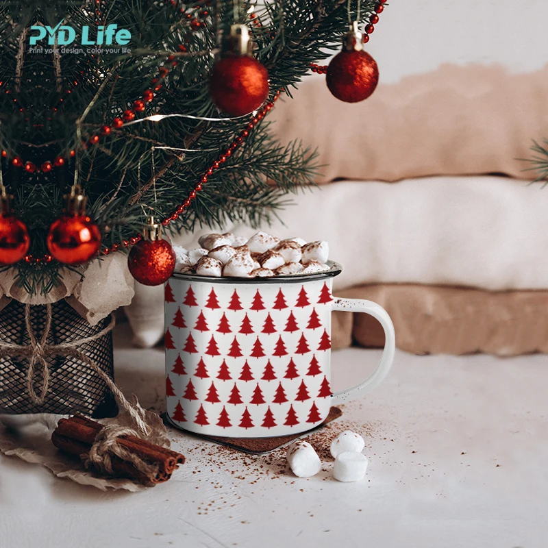 PYD Life оптовая продажа RTS логотип на заказ 12 унций Рождественский подарок Кемпинг наружная белая эмалированная сублимационная кофейная кружка