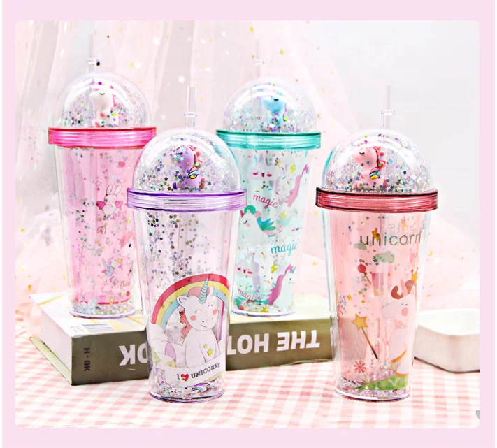 Hot Sale  Plastic Tumbler Cup with Cartoon Unicorn Lid Double Wall with straw travel mug BPA free