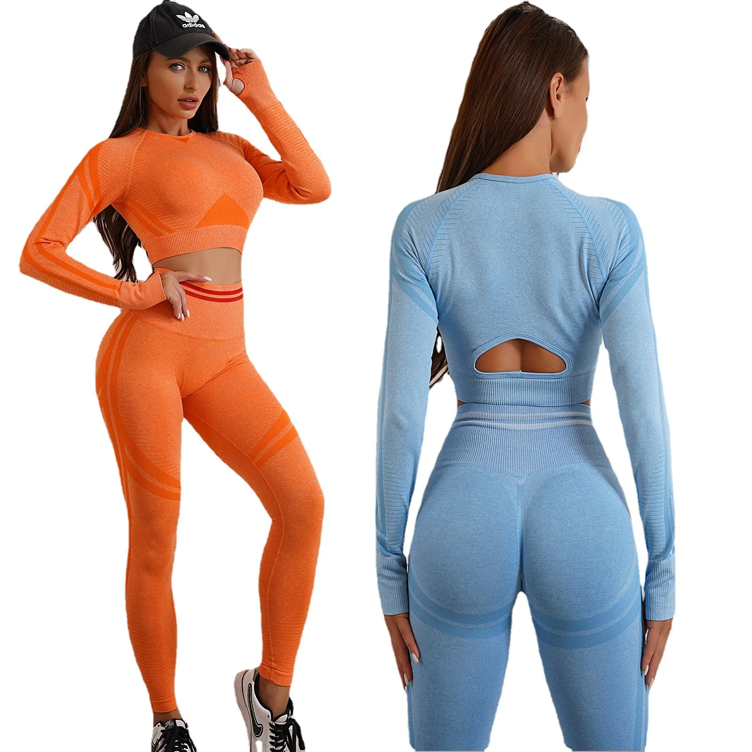 Wholesale Long Sleeves Scrunch Butt Leggings Set 2 Piece Workout Fitness Gym Sport Wear Suit For Women