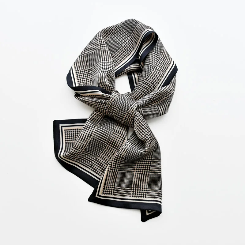 Кофейный твидовый женский двухсторонний узкий шелковый шарф лента для волос длинный шарф с цифровой печатью шейный шарф повязка для волос для женщин