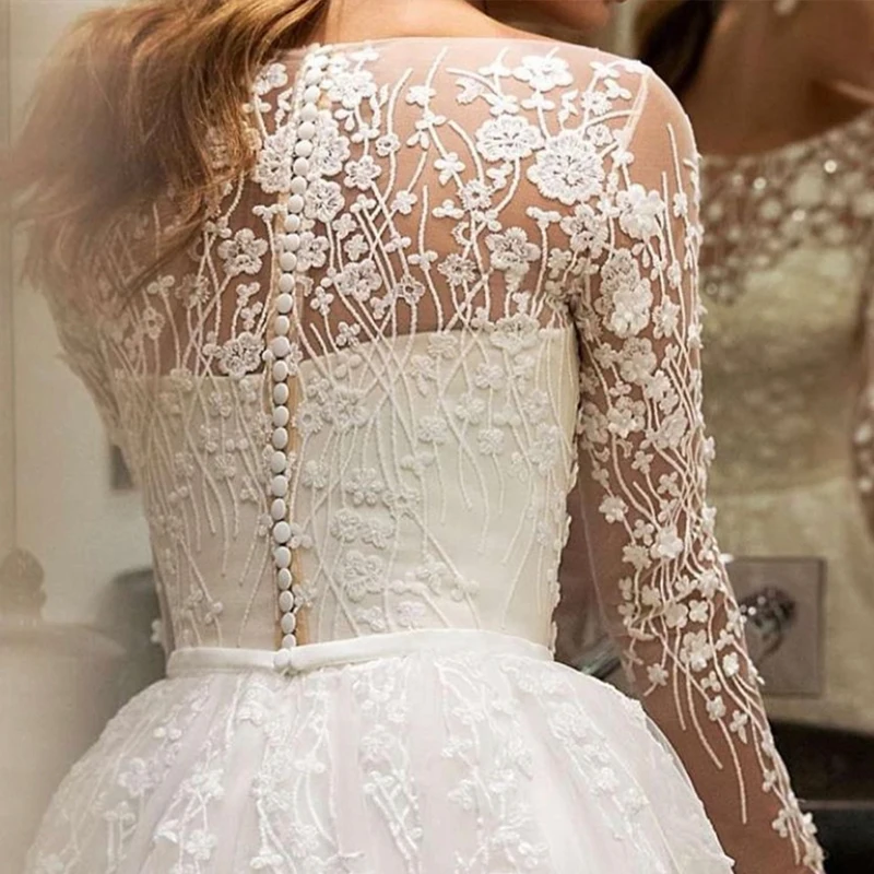 13836# Illusion Lace Long Sleeve Wedding Dress A-Line Scoop Neck 2022 Elegant Appliques Tulle Bridal Gown Button Sweep Train