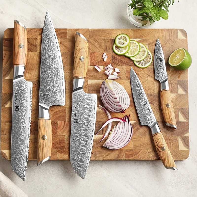 5 Pcs New Rounded Corner Design s35vn Damascus Powder Steel High end Kitchen Chef Knife Set with Olive Wood Handle