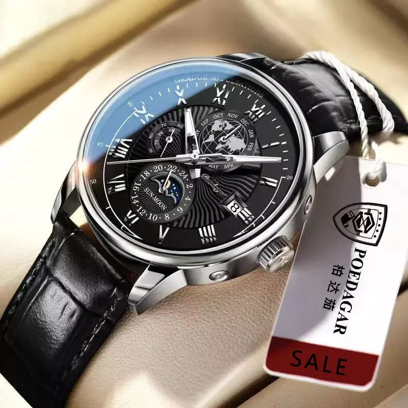 Fashion New POEDAGAR 908 Reloj Leather Mens Luxury Business Quartz Wrist Watch for men