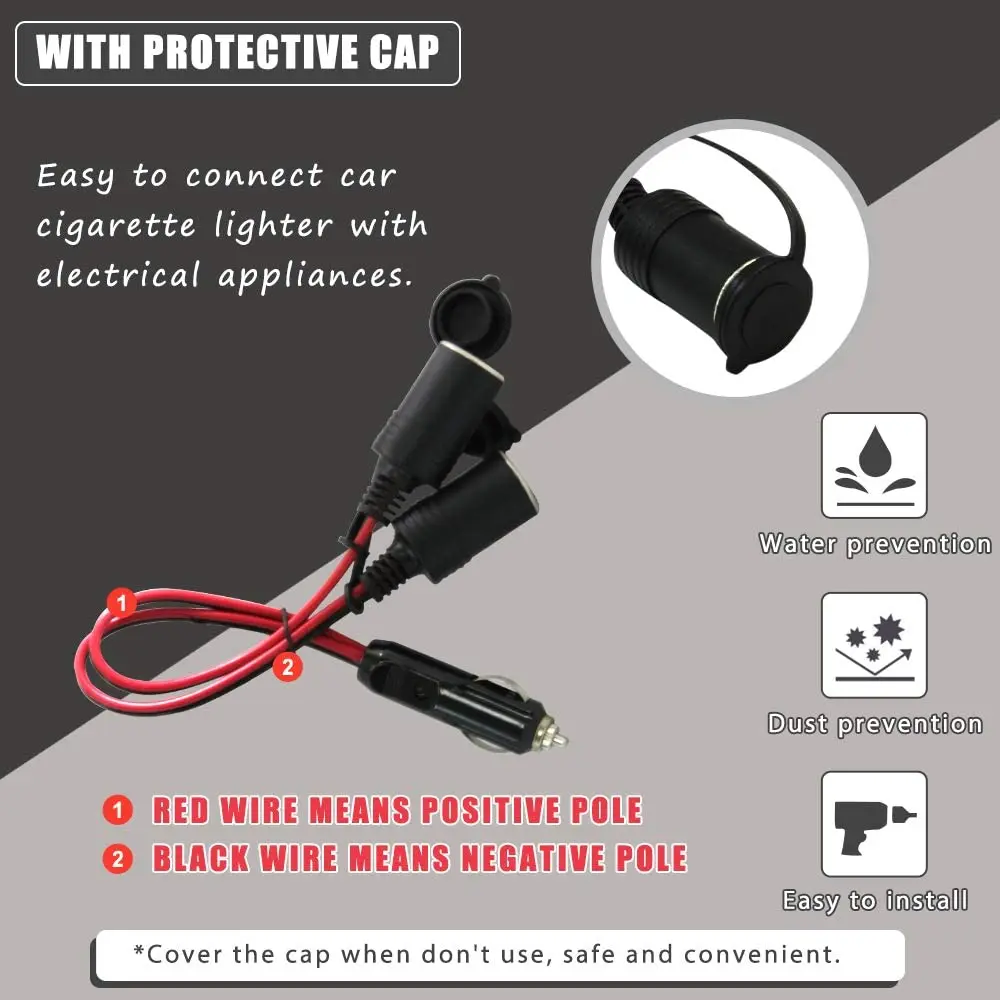 2 Way Cigarette Lighter Extension Cord 1 to 2 Sockets Car Cigarette Lighter Splitter Power Adapter Male Plug to Female Socket