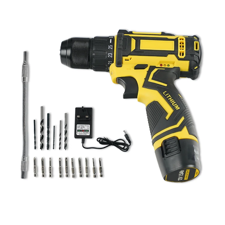 Whole tool kit included LED light lithium battery powered 1500mAh 12V cordless screwdriver 10mm chuck electric drill