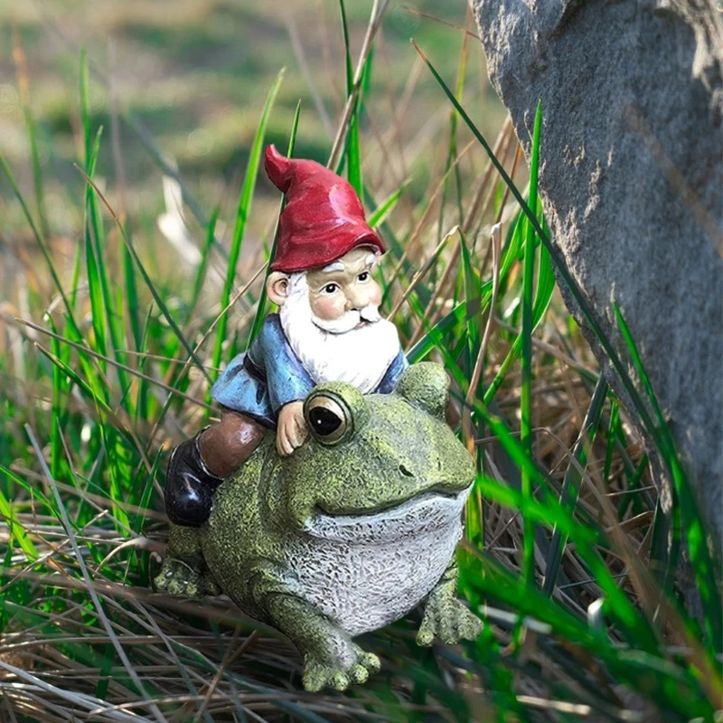 
Dropshipping Garden Figurines Outdoor Decoration Yard Sculpture Resin Gnome Sitting On Frog Statue 