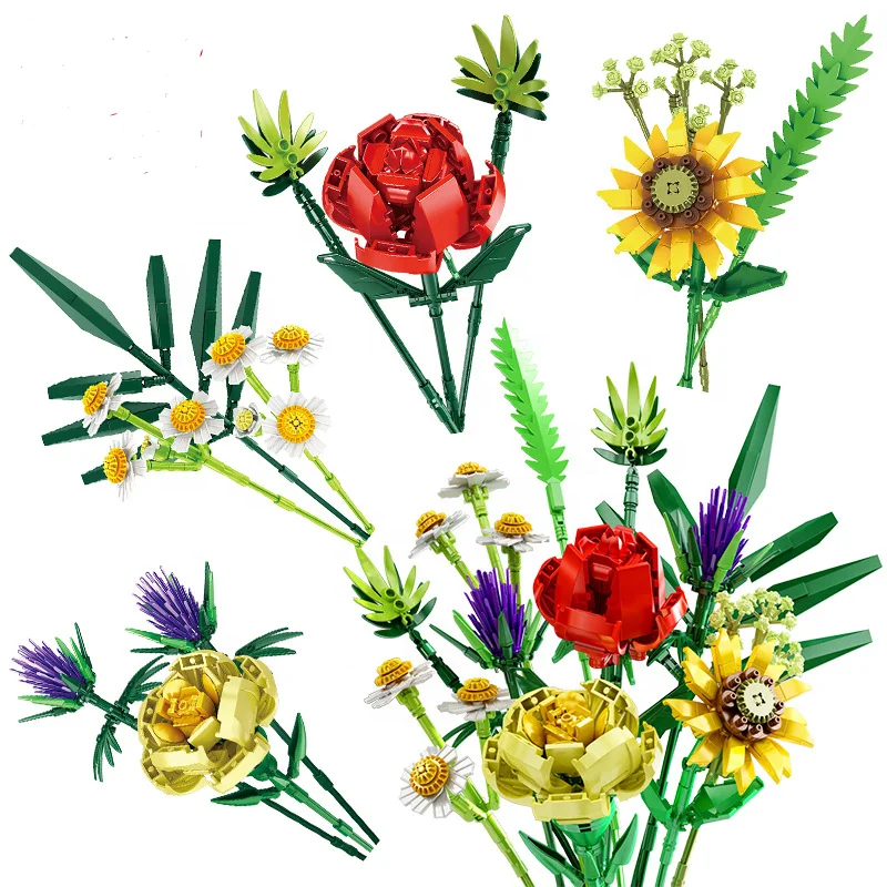 Panlos  Romantic Violet Camellia Coreopsis Bricks DIY Decoration Plastic Flower Bouquet Building Blocks Toys Set