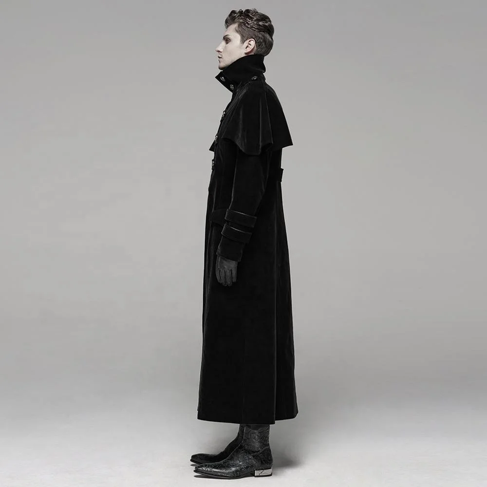 PUNK RAVE WY-1087  Uniform Stand Collar Velvet Long Coat Spliced Leather Button Men Winter Overcoat