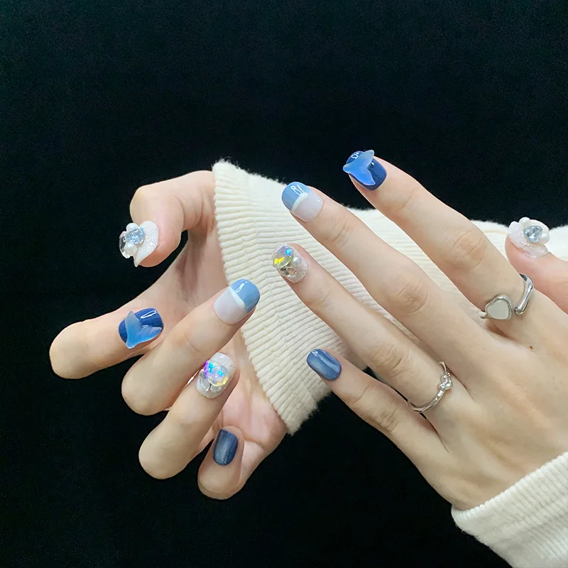 New Handmade Manicure Mermaid Short Finished Reusable Stick Press On Full Cover Fake Artificial Hand Fingernail Blue Nail 3D Art