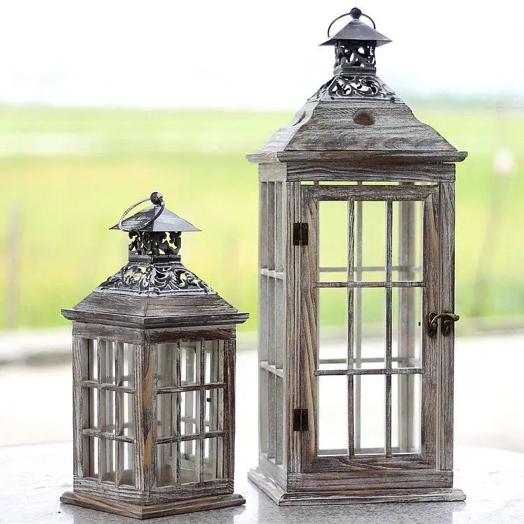 Nordic retro old wind lamp floor gift wind proof iron glass candlestick wooden candle holder metal lanterns and candle jars