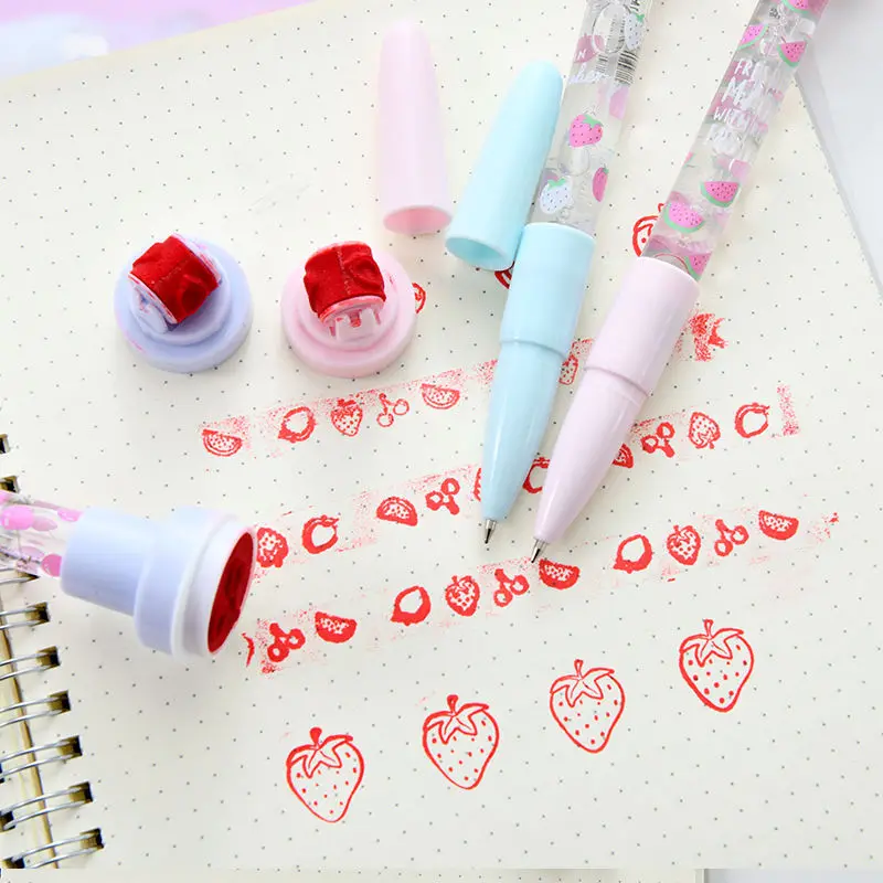 Promotion Pen 5 in 1 Multifunctional Bubble Roller Stamp School Stationery Cute Fruit Design Kids Plastic Ball Pen