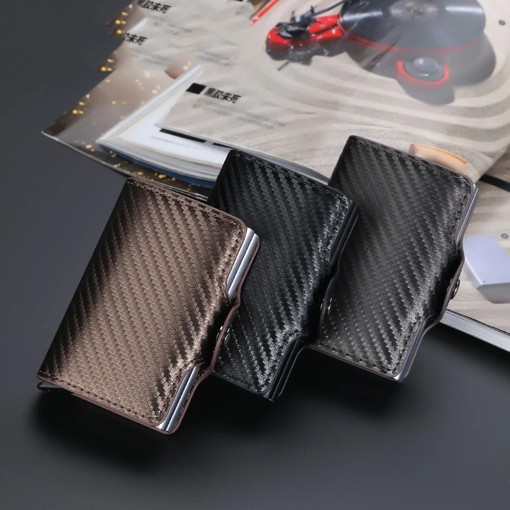New Fashion RFID Automatic Bullet Double Layer Anti-theft Magnetic Buckle Carbon Fibre Card Holder