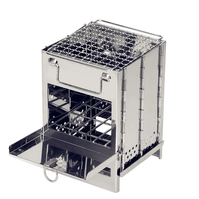 Folding Stainless Steel Charcoal Barbecue Grill Square Portable Camp BBQ Stove