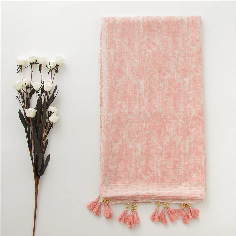 Elegant Autumn Winter Japanese Style Scarf New Feather Printing Wooden Beads Tassel Ethnic Voile Shawl