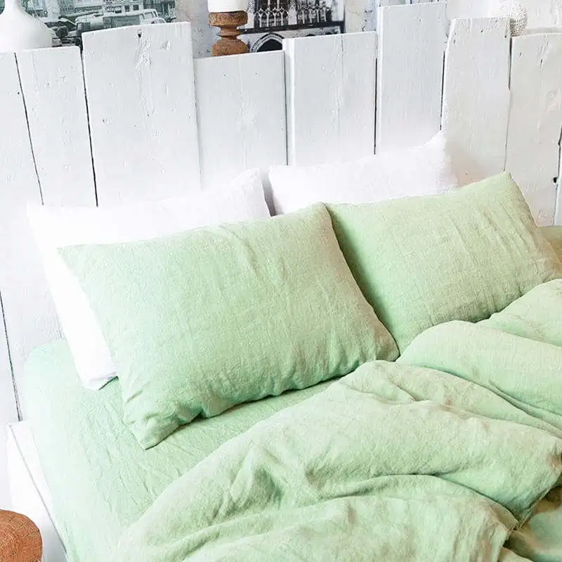 Wholesale/Retail Mint Green 100% Pure French Flax Linen Bedding Set 4 Pcs Non-Disposable Stone Washing Solid Pattern Home/Hotel