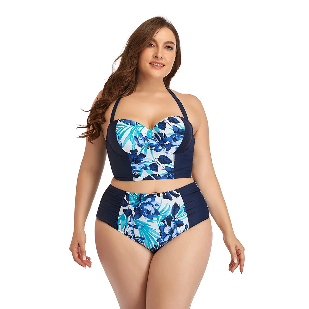 2021 New Bikini Large Size  Plus Fat Two Piece Swimwear High Waist Split Swimsuit Tube Top Plus Size Women Lady