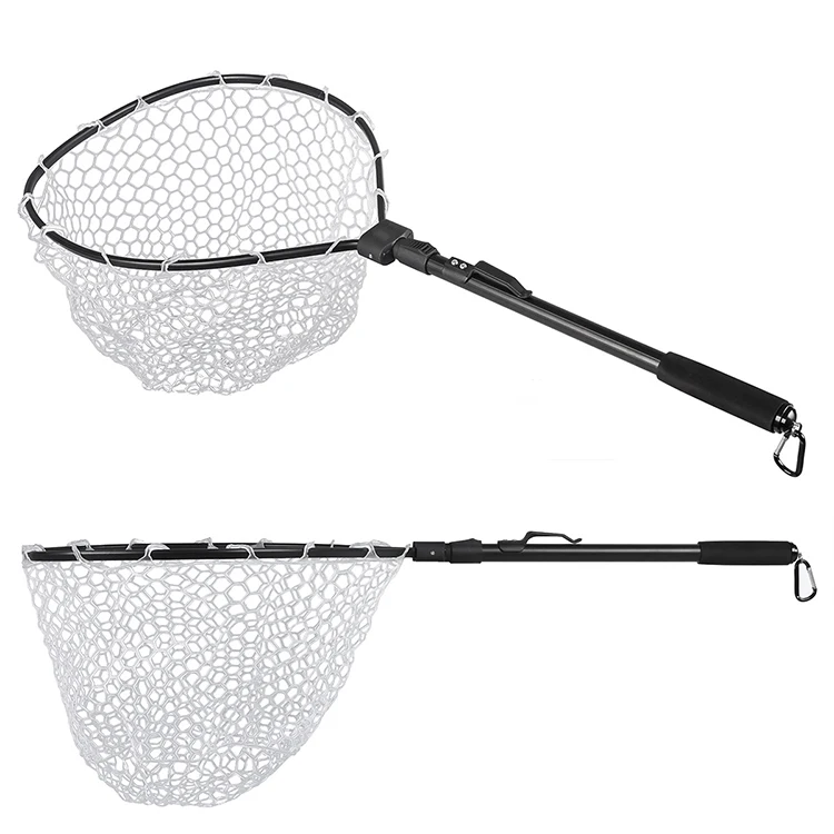 4 Size Red/blue Hot Sale Round Stainless Steel Frame Collapsible Rubber Coated Mesh Fishing Landing Net