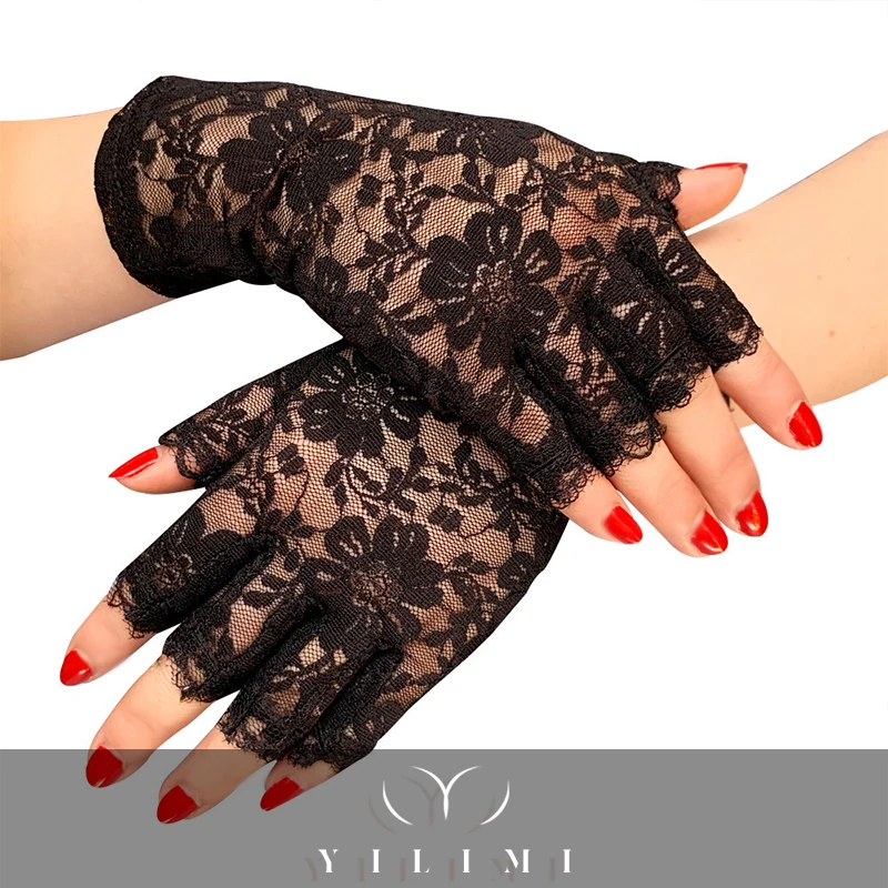 Новинка, кружевные декоративные жаккардовые перчатки с полупальцами и цветами, свадебные женские перчатки для невесты