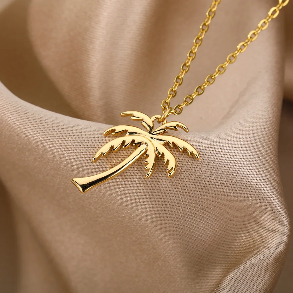 Small MOQ Wholesale Gold Plated Stainless Steel Palm Tree Necklace Coconut Pendant Jewelry