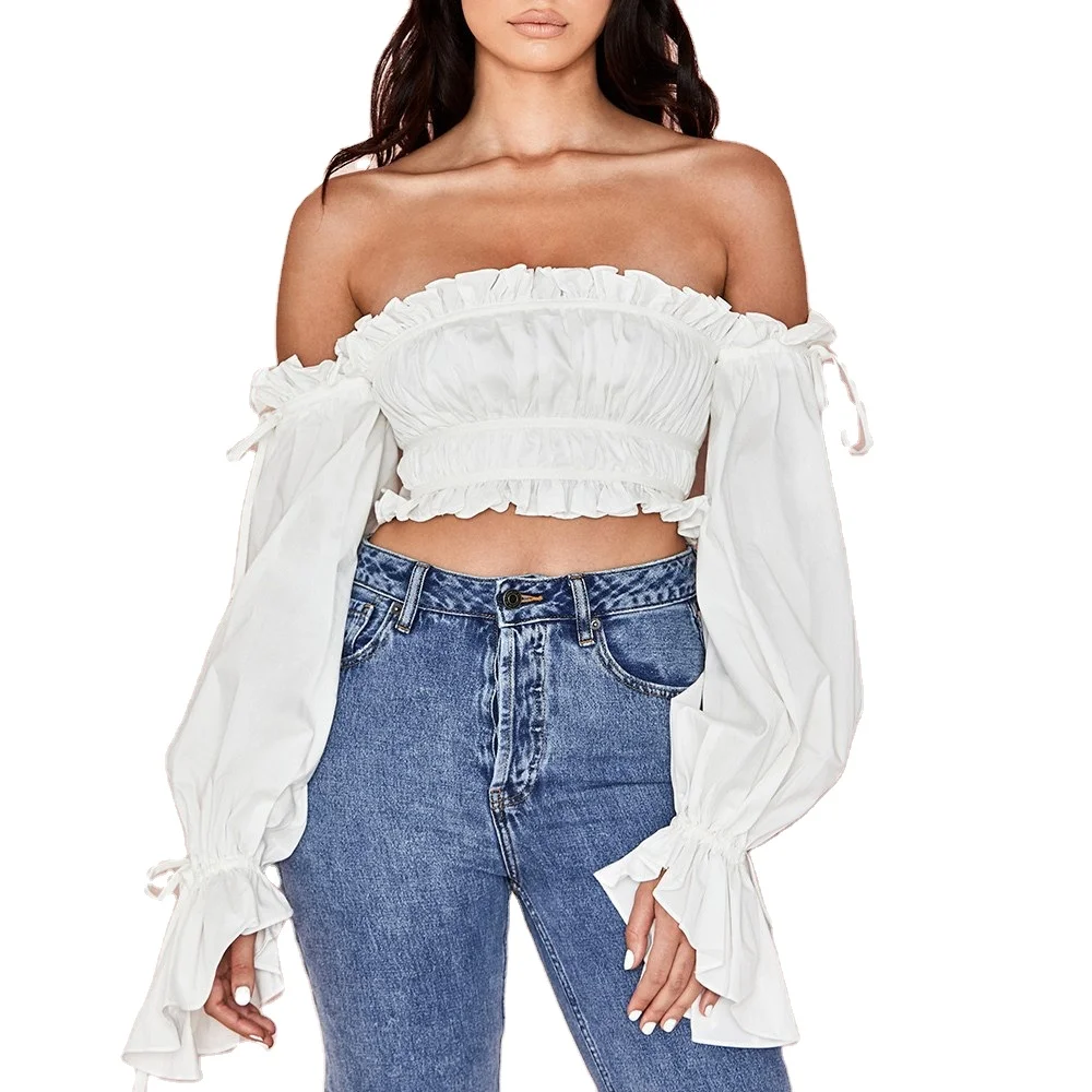 High quality fall clothing for women new style sexy fashion chiffon fungus side trumpet sleeve off-shoulder cropped top women